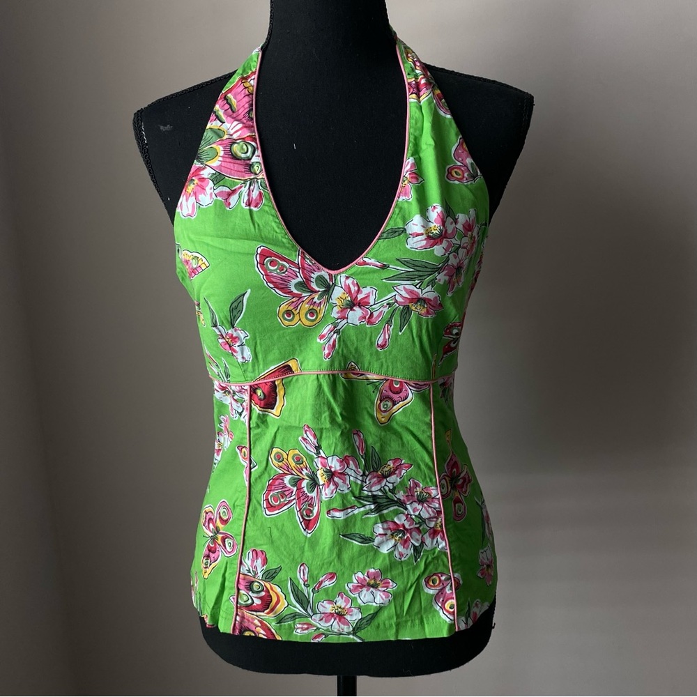 Women’s Vintage Y2K Nostalgia Medium Green Floral Butterfly Halter Top